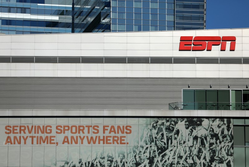 ESPN logo and building are shown in down town Los Angeles, California,