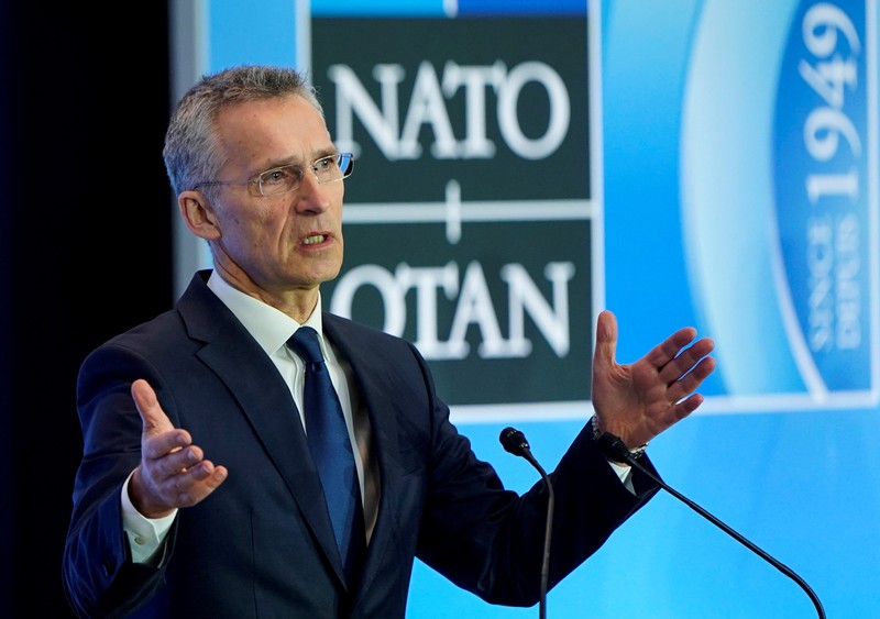 FILE PHOTO: NATO Secretary General Jens Stoltenberg speaks to the media during an alliance foreign minister's meeting in Washington