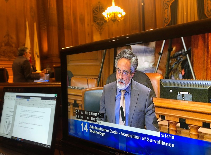 City Supervisor Aaron Peskin speaks before a vote on a surveillance technology ordinance that he sponsored, in San Francisco