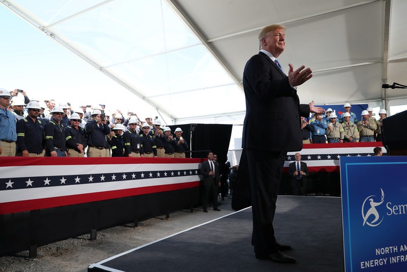 U.S. President Trump reacts to the crowd before speaking at Cameron LNG Export Facility in Hackberry, Louisiana
