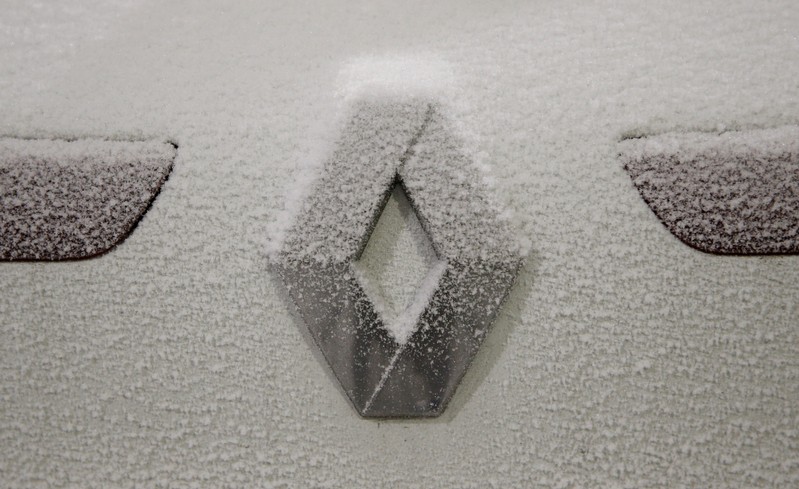 FILE PHOTO: The logo of French car manufacturer Renault is seen during a snow test at the Jules Verne climatic wind tunnel at the Scientific and Technical Center for Building (CSTB) research laboratory in Nantes