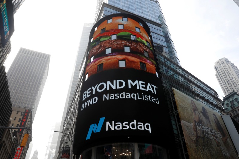 Digital display shows Beyond Meat (BYND) listed on the NASDAQ stock exchange during the company's IPO in New York