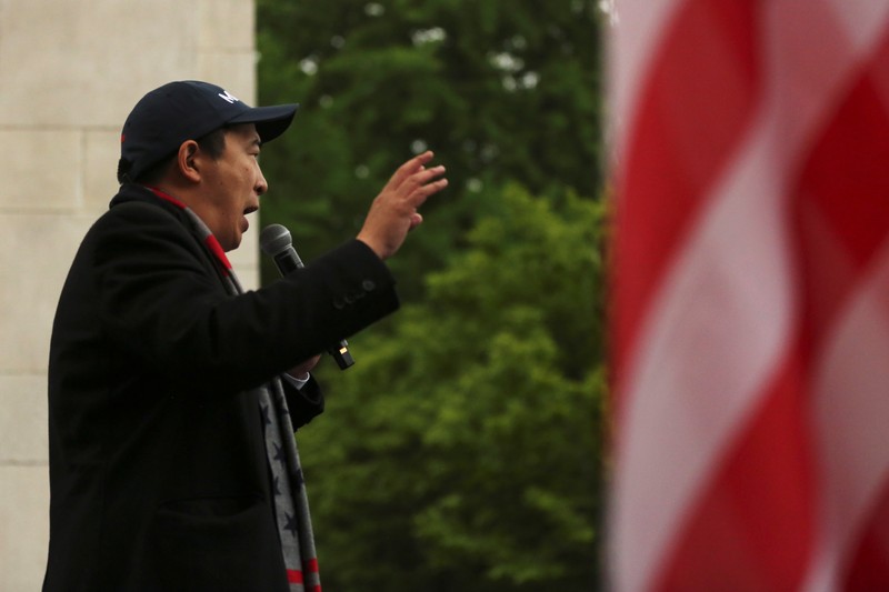 Democratic 2020 U.S presidential candidate Andrew Yang holds a rally in the Manhattan borough of New York
