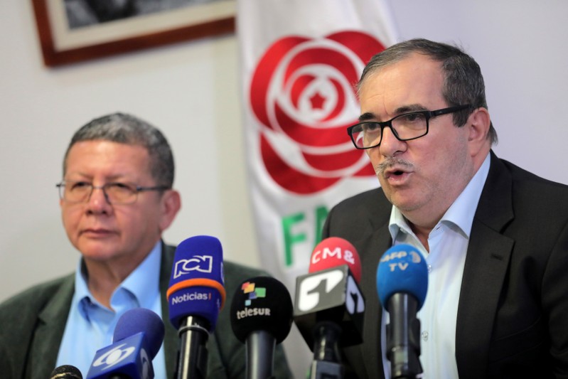 Colombian former FARC rebel leader Rodrigo Londono, known by his nom de guerre Timochenko, speaks during a news conferece in Bogota
