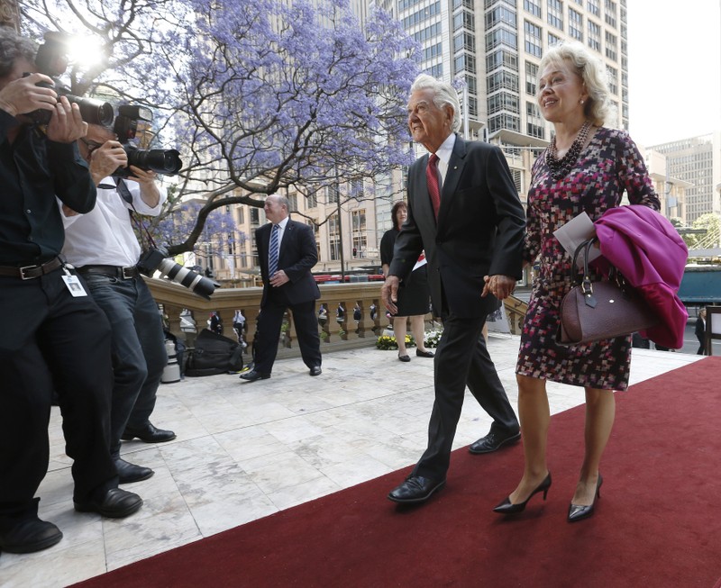 Former Australian Prime Minister Bob Hawke and his wife Blanche d'Alpuget arrive at a memorial service in honour of former Australian Prime Minister Gough Whitlam at Sydney's Town Hall