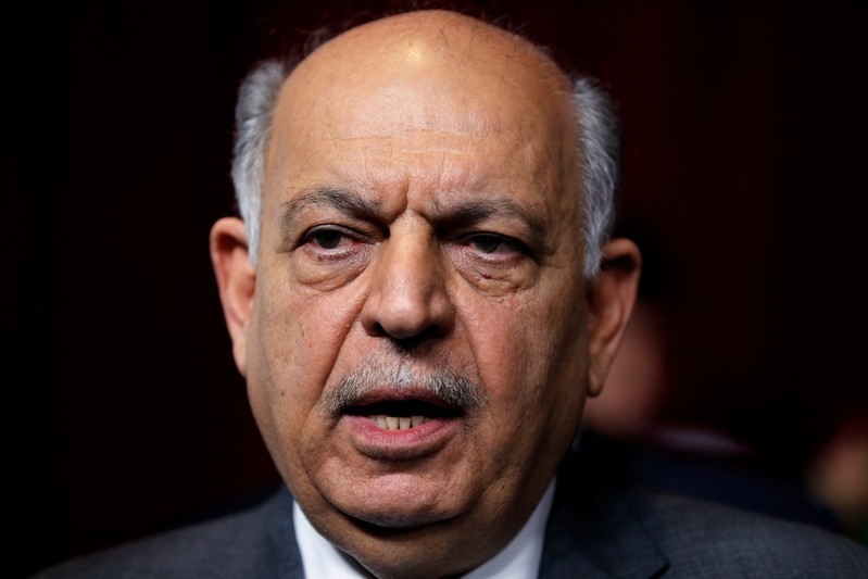 Iraqi oil minister Thamer Ghadhban speaks to the media during a handover ceremony at the ministry's headquarters in Baghdad