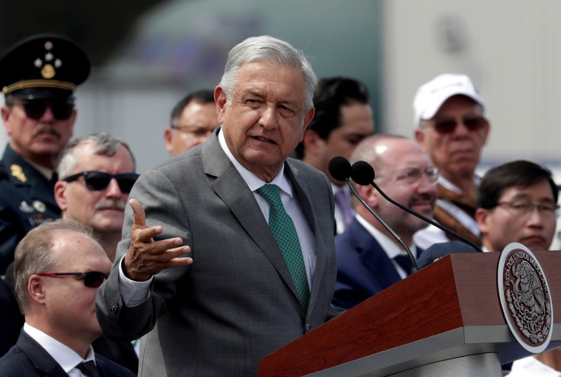 FILE PHOTO: Mexico's President Andres Manuel Lopez Obrador gives a speech during the inauguration of the Aerospace Fair 2019 at the Santa Lucia military airbase in Tecamac