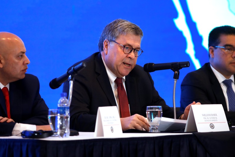 U.S. Attorney General William Barr participates in a news conference after a meeting with Attorney Generals of Northern Triangle of Central America in San Salvador