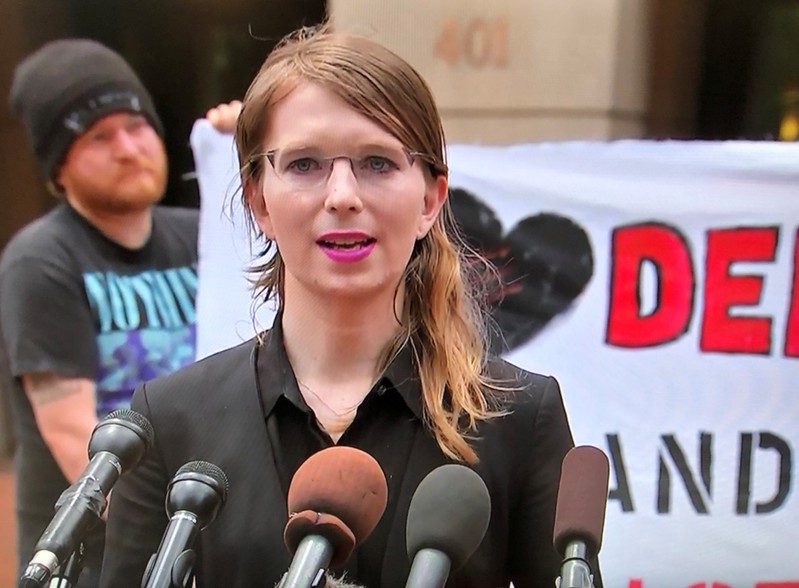 Chelsea Manning speaks to reporters outside the U.S. federal courthouse before appearing before a federal judge regarding a federal grand jury investigation of WikiLeaks in Alexandria