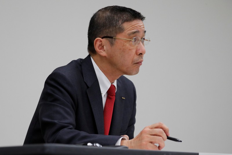 FILE PHOTO: Nissan President and CEO Hiroto Saikawa attends a news conference at its global headquarters building in Yokohama