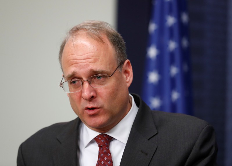 Assistant Secretary for Terrorist Financing in the U. S. Department of the Treasury Billingslea speaks during a news conference in Riga