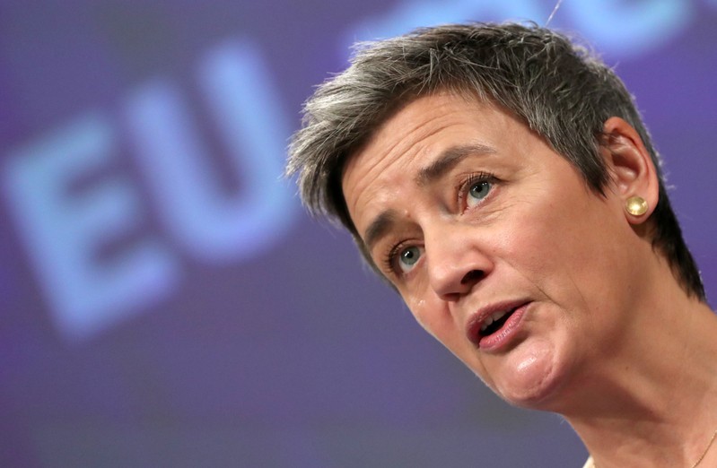 EU Competition Commissioner Vestager talks to the media at the European Council headquarters in Brussels