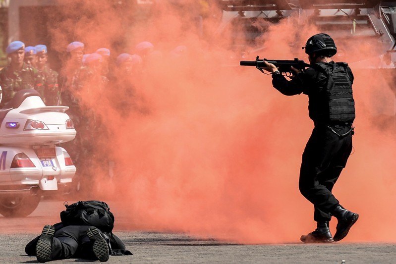 Presidential security squads (Paspampres) take part in a drill, ahead of the announcement of the presidential election results after the last month election, in Jakarta