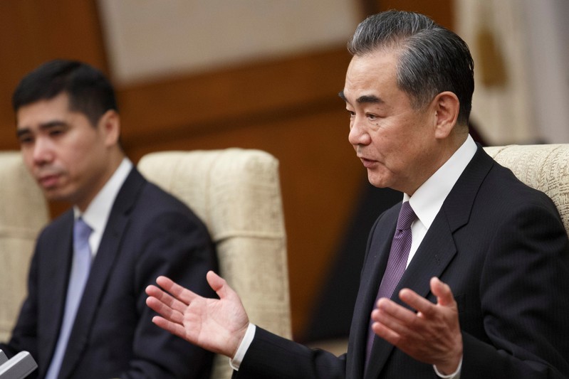 Chinese Foreign Minister Wang Yi meets Iranian Foreign Minister Mohammad Javad Zarif at Diaoyutai State Guesthouse in Beijing