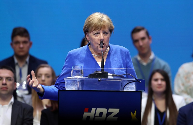 German Chancellor Angela Merkel speaks during the European People's Party (EPP) and the Croatian Democratic Union's (HDZ) campaign rally for the European Parliament elections in Zagreb