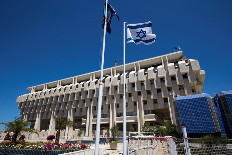An Israeli flag flutters outside the Bank of Israel building in Jerusalem