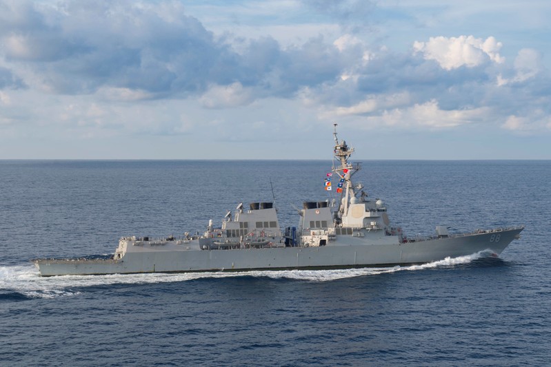 The Arleigh Burke-class guided-missile destroyer USS Preble (DDG 88) transits in the the Indian Ocean