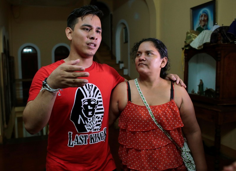 Jonathan Lopez, who according to local media was arrested for participating in a protest against Nicaraguan President Daniel Ortega's government, speaks with a journalist after being released from La Modelo Prison, in Granada