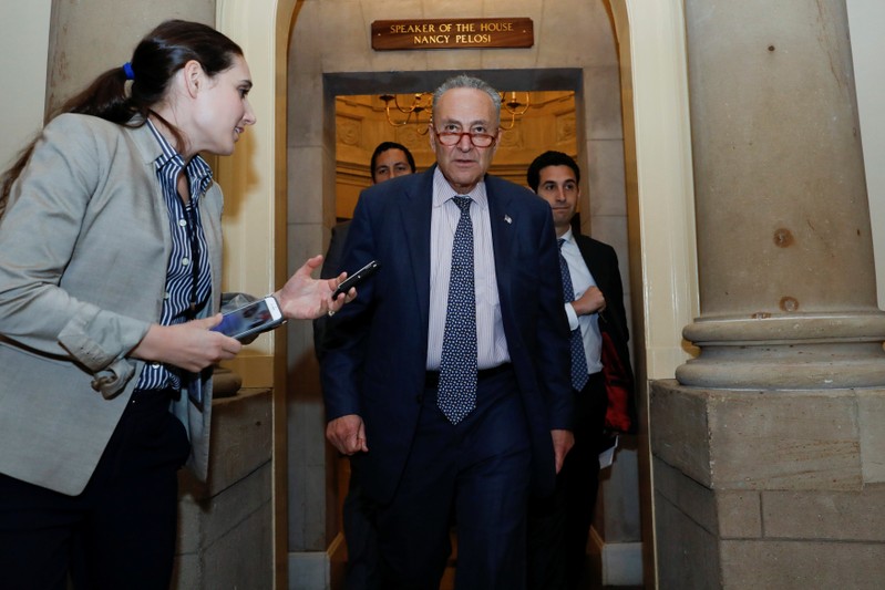 Senate Minorrity Leader Schumer departs following meeting with Congressional leaders and Trump administration officials on Capitol Hill in Washington