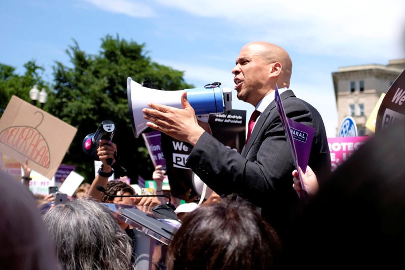 U.S. Senator Cory Booker (D-NJ) speaks at a protest against anti-abortion legislation at the U.S. Supreme Court in Washington