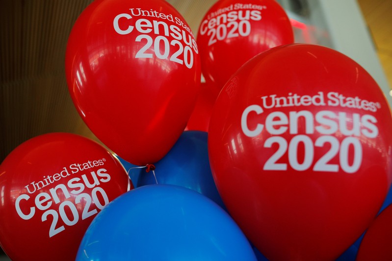 FILE PHOTO: Balloons decorate an event for community activists and local government leaders to mark the one-year-out launch of the 2020 Census efforts in Boston
