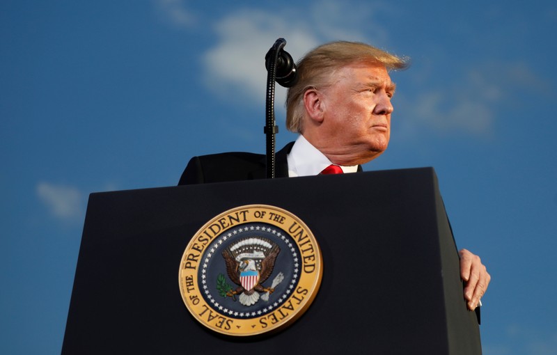 FILE PHOTO - U.S. President Donald Trump addresses a Trump 2020 re-election campaign rally in Montoursville, Pennsylvania