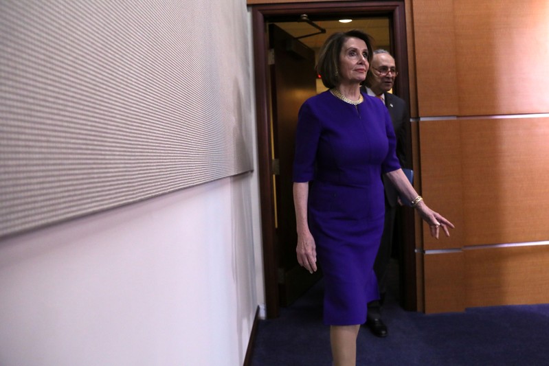 Congressional leaders Pelosi and Schumer arrive to speak to reporters on Capitol Hill in Washington