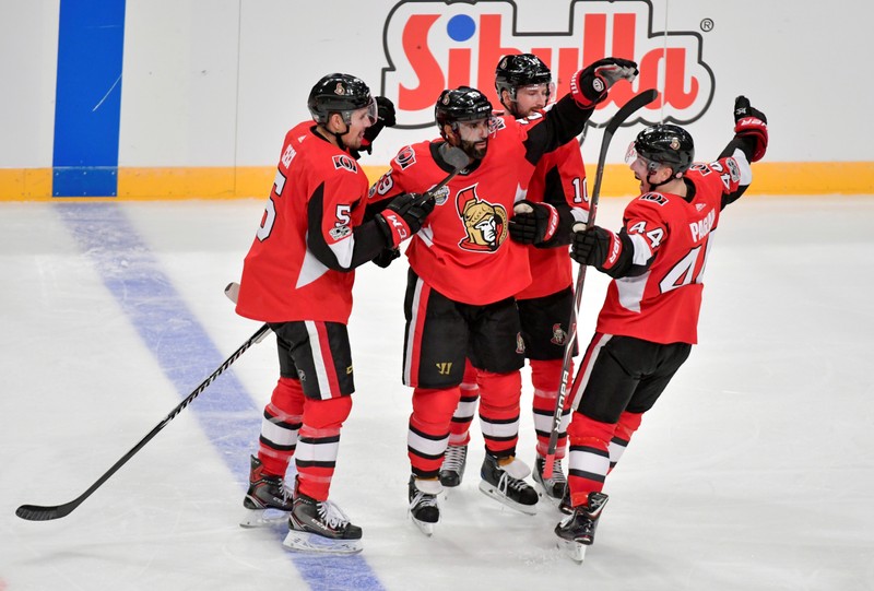 Ottawa Senators Johnny Oduya scores in the third period during the NHL Global Series hockey game between Ottawa Senators and Colorado Avalanche at Ericsson Globe in Stockholm