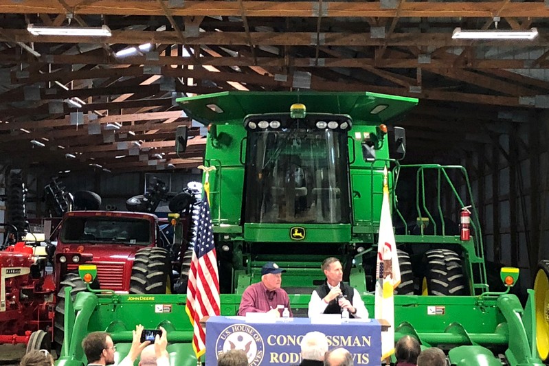 U.S. Agriculture Secretary Perdue and Rep. Davis of Illinois take farmers' questions at a farm in Champaign Illinois