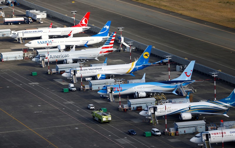 FILE PHOTO: An aerial photo shows several Boeing 737 MAX airplanes grounded at Boeing Field in Seattle
