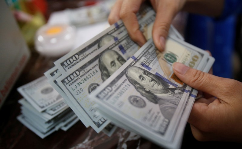 FILE PHOTO: An employee of a bank counts US dollar notes at a branch in Hanoi