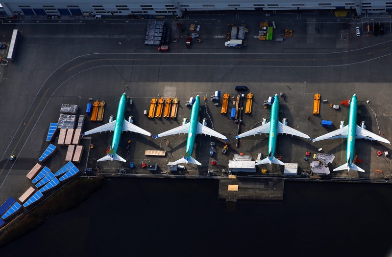FILE PHOTO: An aerial photo shows Boeing 737 MAX airplanes parked on the tarmac at the Boeing Factory in Renton