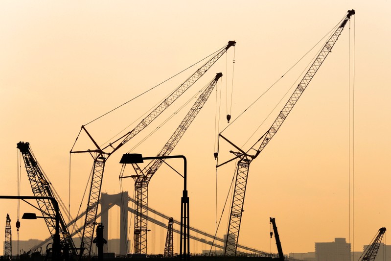 FILE PHOTO: Cranes are pictured against sunset at a construction site in Tokyo