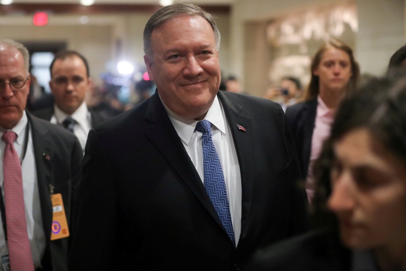 FILE PHOTO: U.S. Secretary of State Pompeo arrives to hold a classified briefing on Iran, with Dunford and Shanahan, for members of the House of Representatives on Capitol Hill in Washington