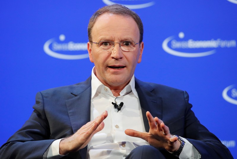 Mark Schneider, CEO of Nestle gestures during an interview at the Swiss Economic Forum conference in Interlaken