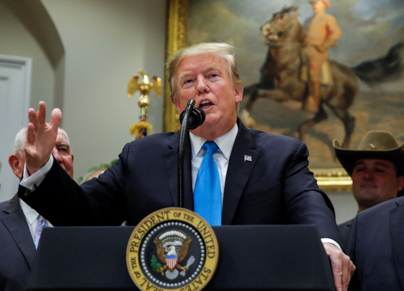 U.S. President Trump speaks to reporters during farmers event at the White House in Washington