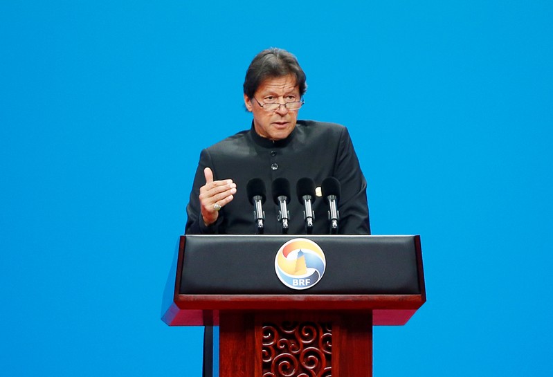 FILE PHOTO: Pakistani Prime Minister Imran Khan delivers a speech at the opening ceremony for the second Belt and Road Forum in Beijing