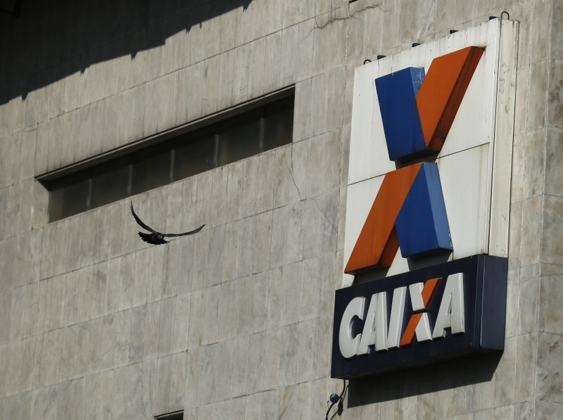 A view shows the company logo of Caixa Economica Federal bank in downtown Rio de Janeiro