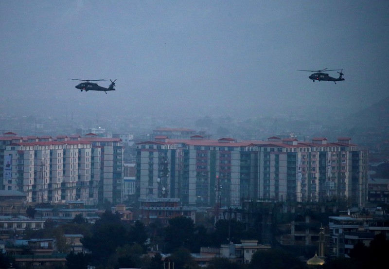 NATO helicopters land at the Resolute Support headquarters in Kabul, Afghanistan