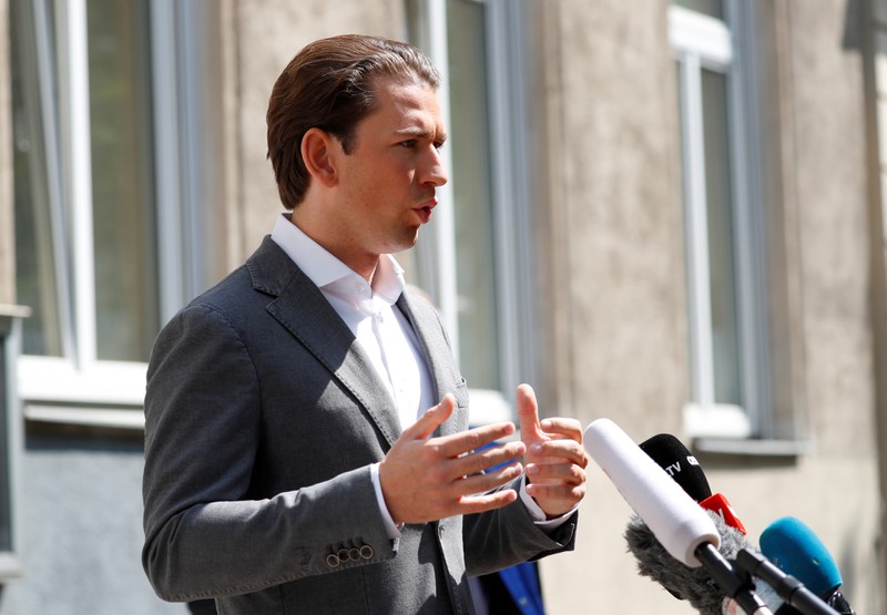 Austrian Chancellor Sebastian Kurz talks to the media after casting his vote during European Parliament Elections in Vienna