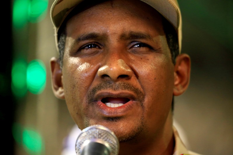 FILE PHOTO: General Mohamed Hamdan Dagalo, head of the Rapid Support Forces (RSF) and deputy head of the Transitional Military Council (TMC) delivers an address after the Ramadan prayers and Iftar organized by Sultan of Darfur Ahmed Hussain in Khartoum