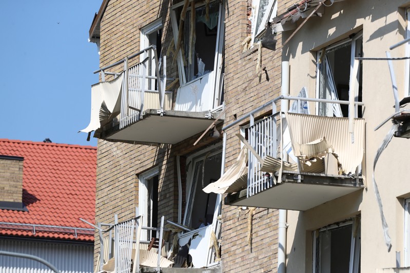 Rescue personnel are seen at the site of an explosion in Linkoping