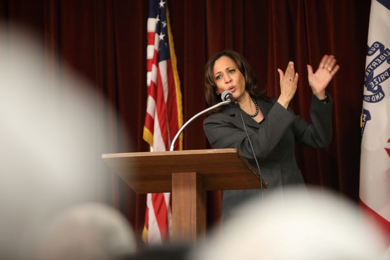 FILE PHOTO: U.S. 2020 Democratic presidential candidate Kamala Harris speaks during the Story County Democrats' annual soup supper fundraiser at the Collegiate United Methodist Church in Ames, Iowa