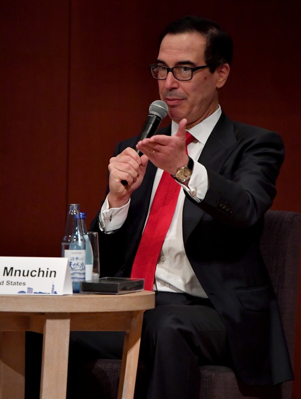 US Secretary of Treasury Steven Mnuchin delivers a speech during the G20 Ministerial Symposium on International Taxation in the G20 Finance Ministers and Central Bank Governors meeting in Fukuoka