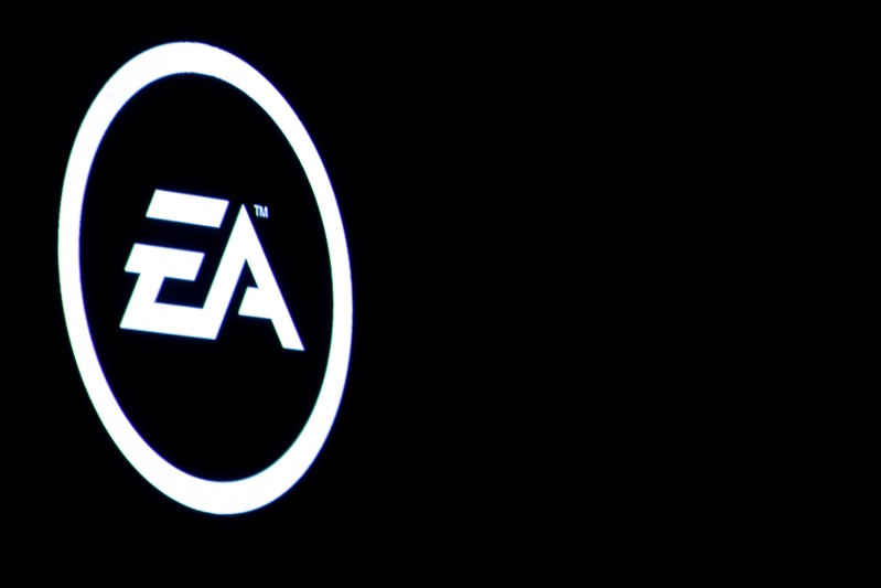 FILE PHOTO: The Electronic Arts Inc., logo is displayed on a screen during a PlayStation 4 Pro launch event in New York