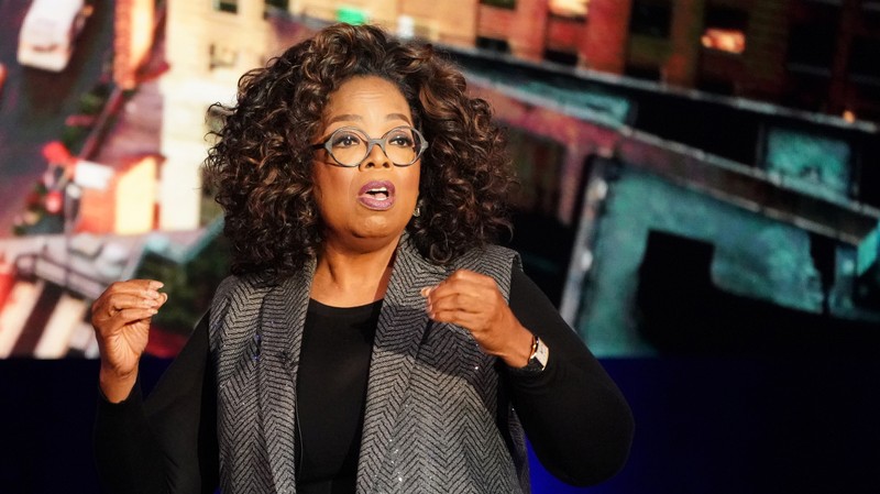 FILE PHOTO: Oprah Winfrey talks on stage during a taping of her TV show in the Manhattan borough of New York City