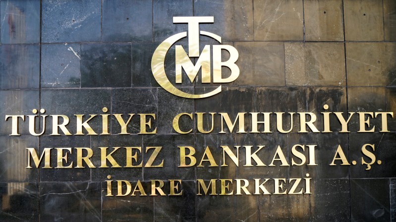 A logo of Turkey's Central Bank is pictured at the entrance of the bank's headquarters in Ankara