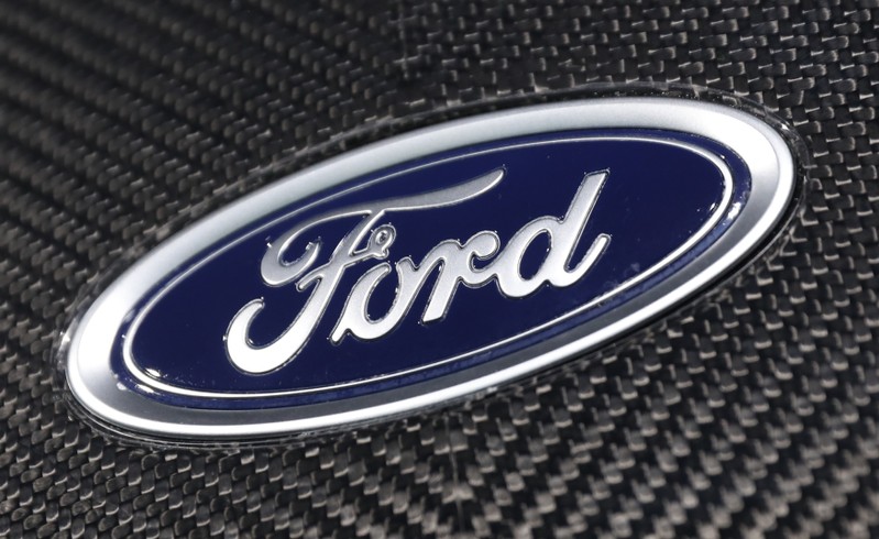 The Ford logo is seen on a vehicle at the New York Auto Show in New York