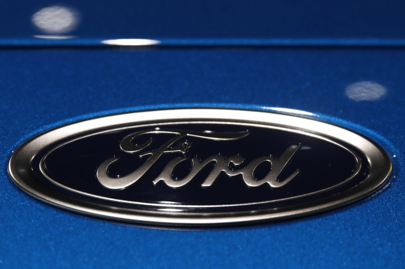 The Ford logo is seen on a vehicle at the New York Auto Show in New York