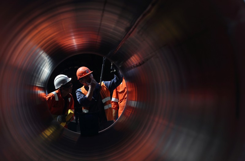 FILE PHOTO: Workers are seen through a pipe at the construction site of the Nord Stream 2 gas pipeline in Russia
